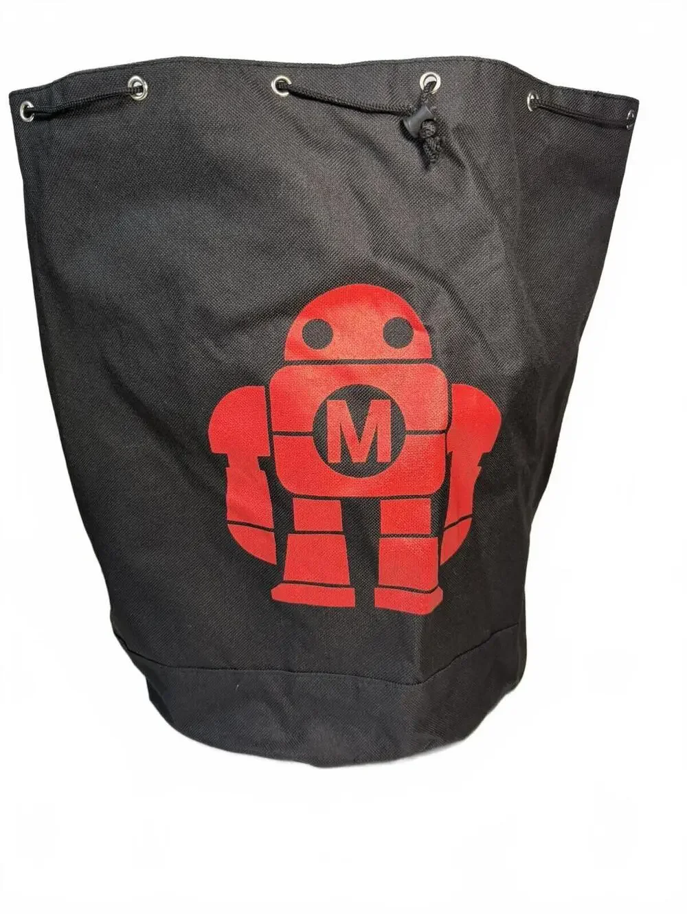 MAKEY Black Canvas Drawstring Backpack with Red Robot Print